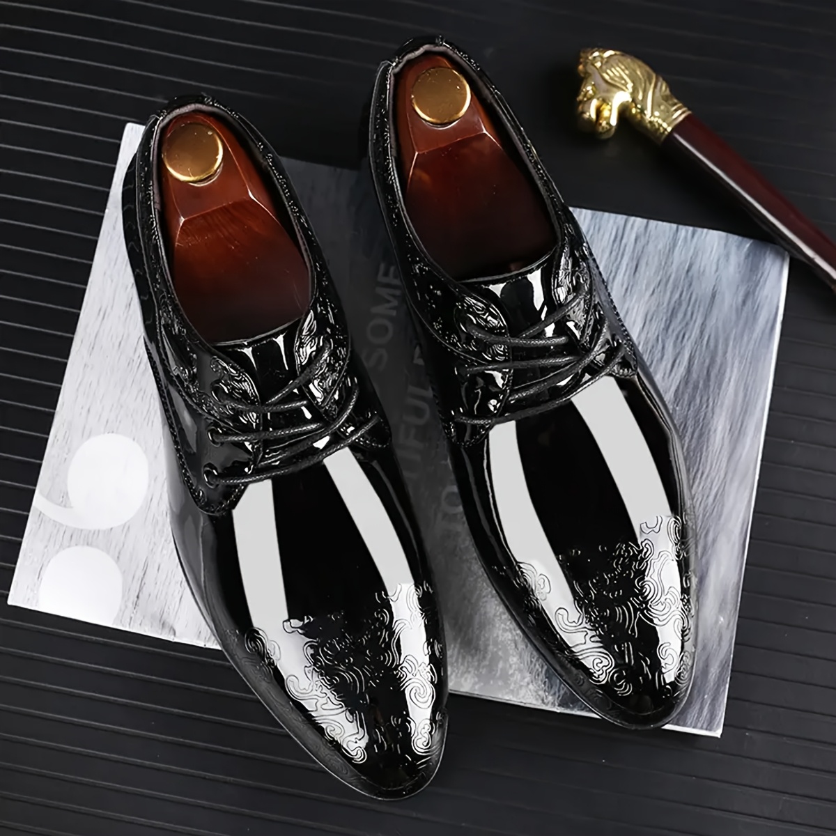 mens black glossy dress shoes pointed toe lace low top Temu Bahrain - Main Image