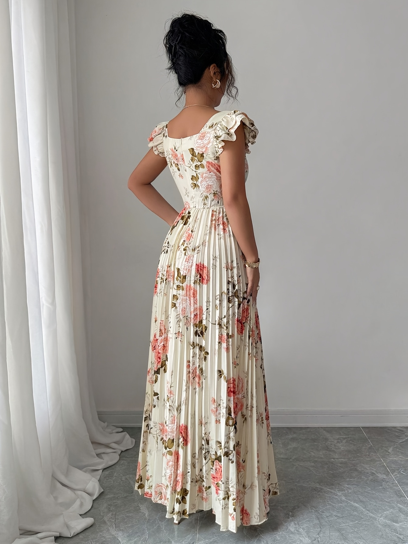 womens elegant floral print pleated hem long dress summer - Temu