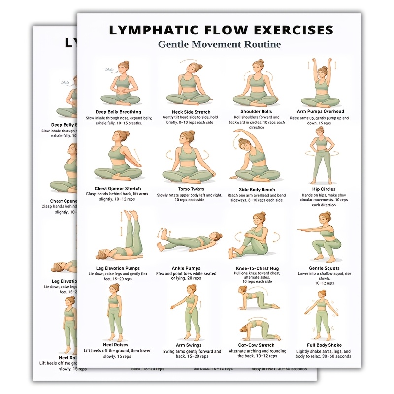 TEMU Lot de 2 affiches d'exercice - Tableaux de mouvements somatiques avec routine douce, guide du flux lymphatique adapté pour salle de sport,
