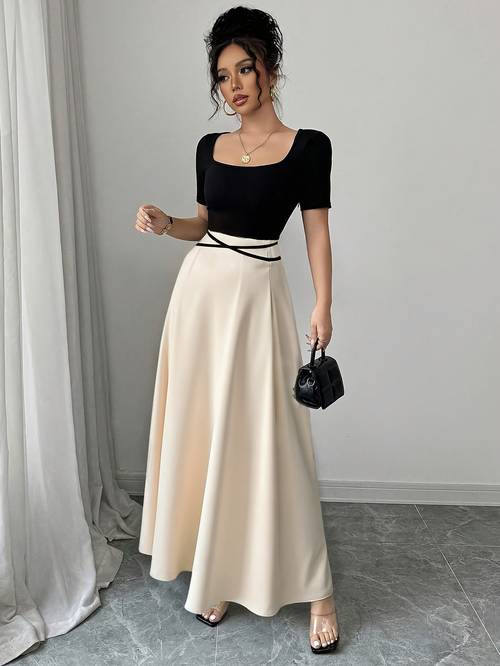 womens fashionable collar color block fit long dress