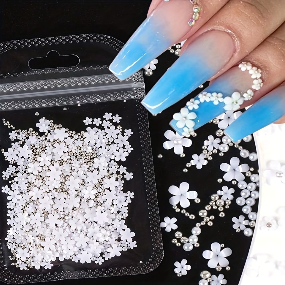 Image of Acrylic Small Flower Nail Art Charm With Silvery Beads Pearl Nail Art Rhinestone Decorations Nail Charms Nail Gems Nail Supplies