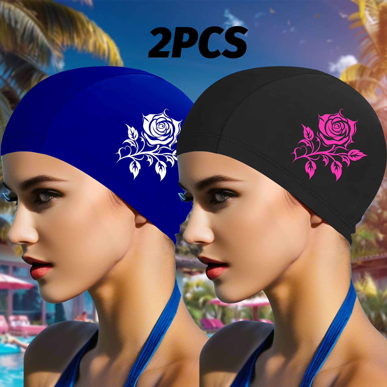 TEMU Women's Knitted Swim Cap, Fashionable Printed Breathable Swimming Cap, Stylish Women's Shower Cap, Long Hair Swim Cap