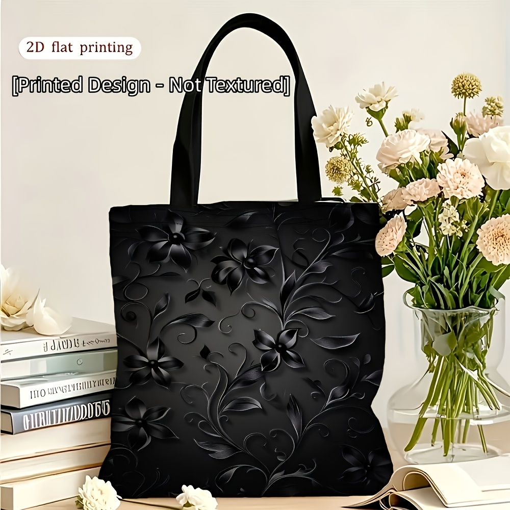 TEMU 1pc, 2d Flat Printing [printed Design - Not Textured] Women's Shoulder Bag, Black Floral Pattern Women's Shoulder Bag, For Daily Use,