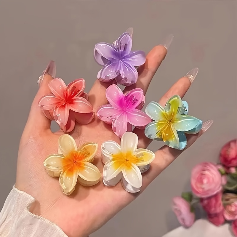 6pcs (color Random) Colorful Hawaiian Flower Plumeria Small Claw Clip Hair Clip, Suitable For Beach Vacation, Daily Casual, Parties, Gifts