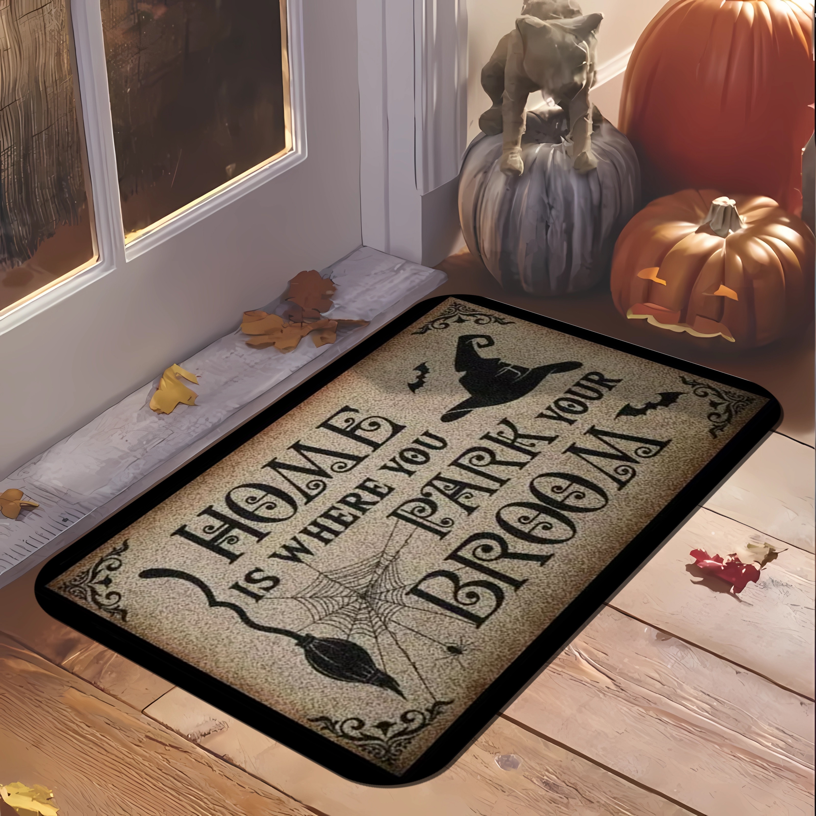 

Festive Halloween Door Mat: Home Is Where You Park Your Broom - 3 Sizes Available