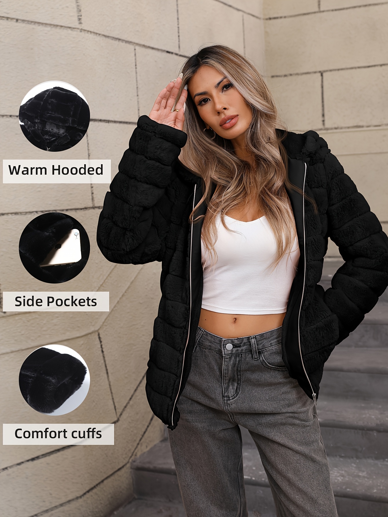 womens fall winter   fur hooded jacket polyester solid color knit fabric outerwear with zipper and polyester lining black 0