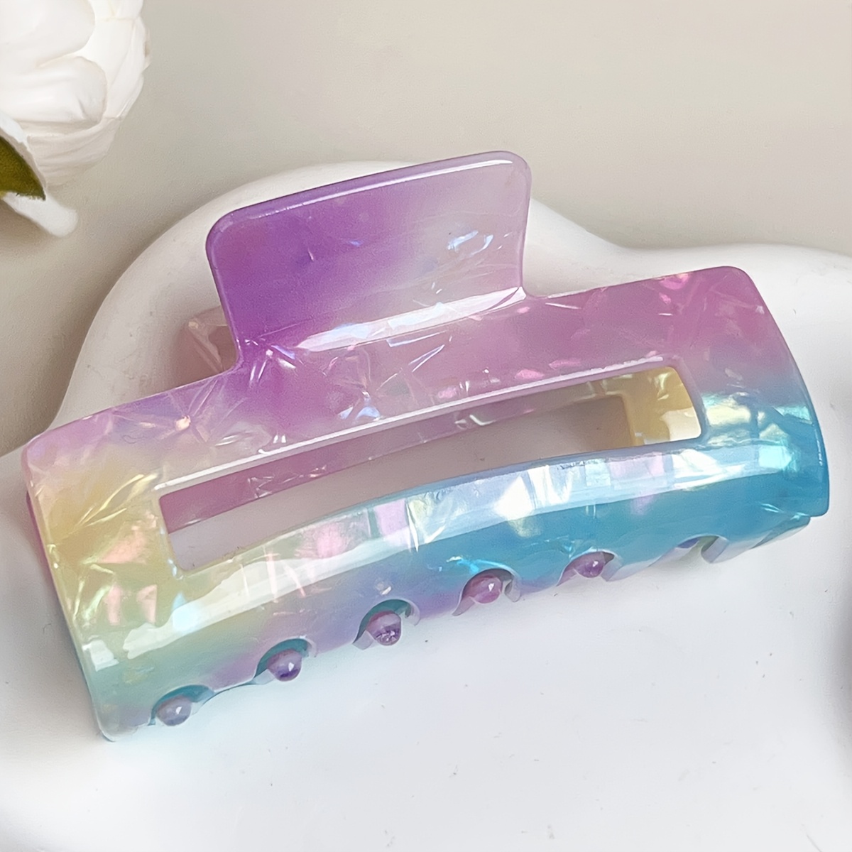 Image of Gradient Rainbow Hair Claw, Large Square Hollow Shark Clip, Iridescent Additions For Women, Non-slip Hair Claw For Thick Hair, Y2k Aesthetic Hair Styling Tool