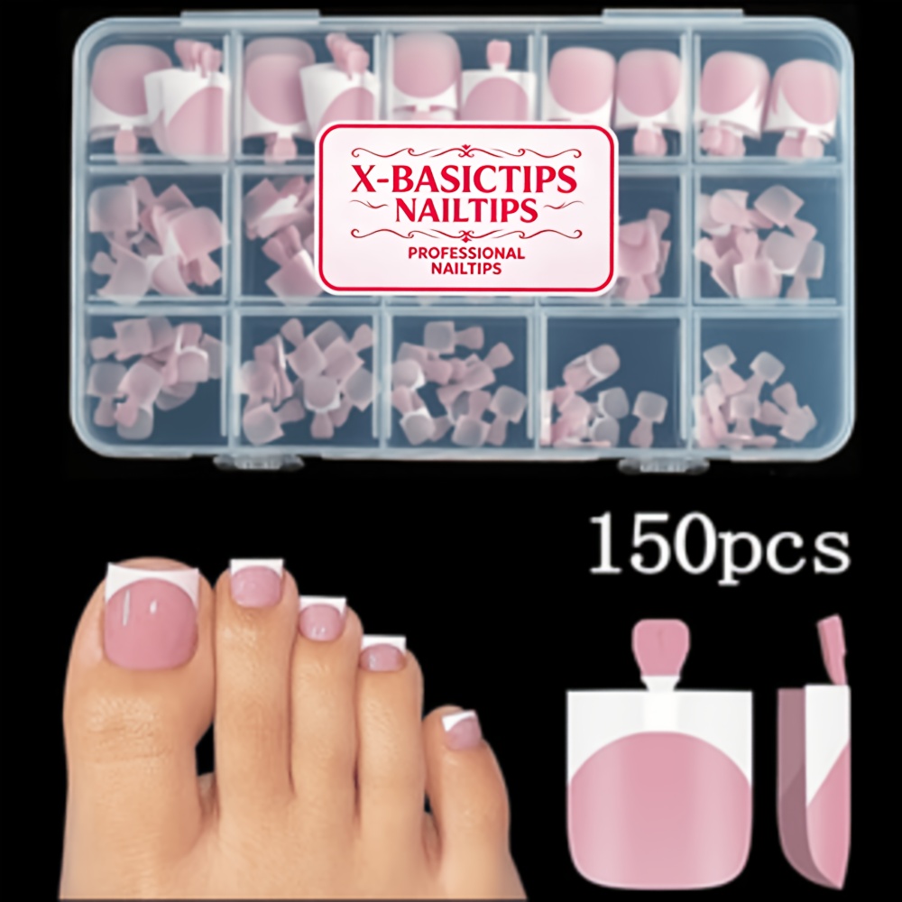 TEMU X-BASIC TIPS 150pcs Uñas Postizas Francesas para Mujer, Uñas Postizas Cuadradas Afiladas, Uñas Postizas Acrílicas Rosa con Primer y Base