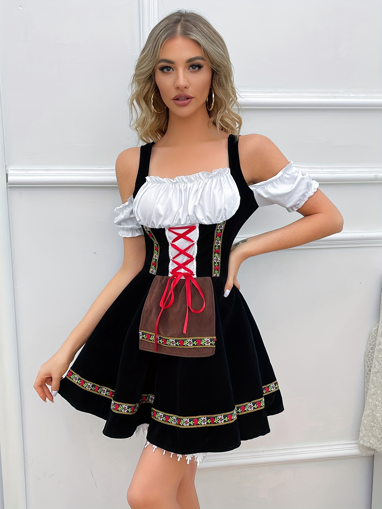 oktoberfest beer dirndl dress, vintage cold shoulder tie front costume, women's clothing mixed color 1