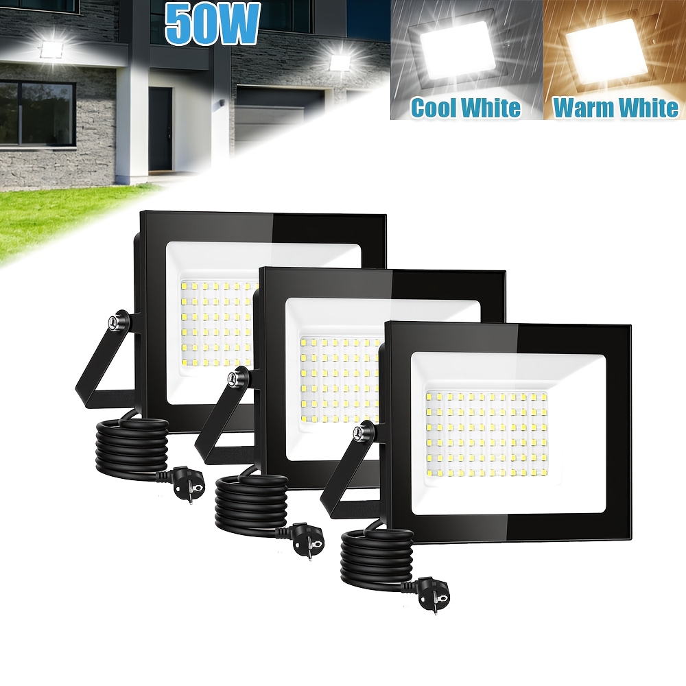 Image of 3pcs 50w Led Flood Light Outdoor Lamp, With Plug Led Security Light, Led Flood Light, Cool White/warm White, Adjustable 180° Bracket, For Garden, Garage, Yard, Backyard, Workshop