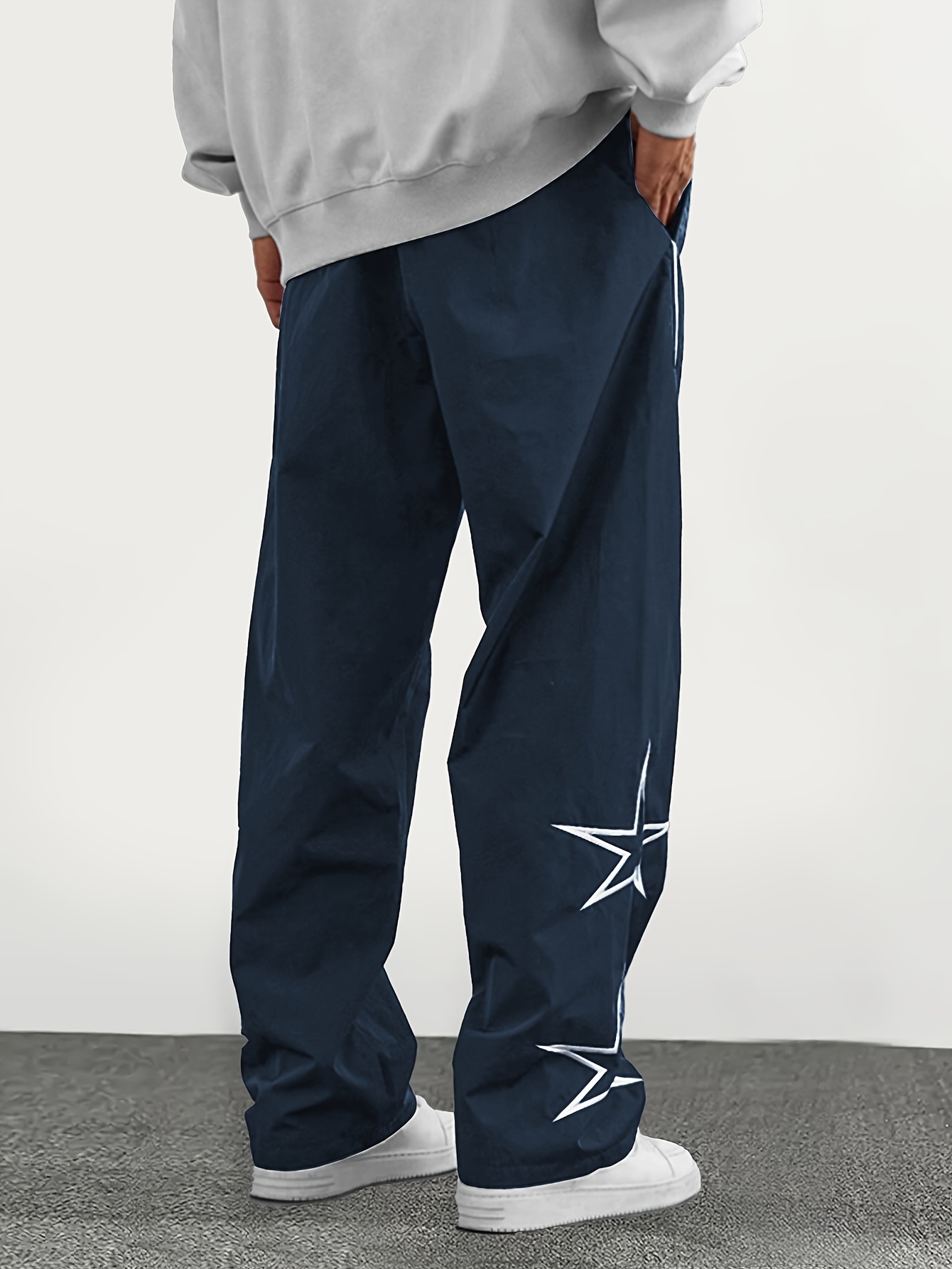 men's navy blue embroidered star straight leg athletic pants