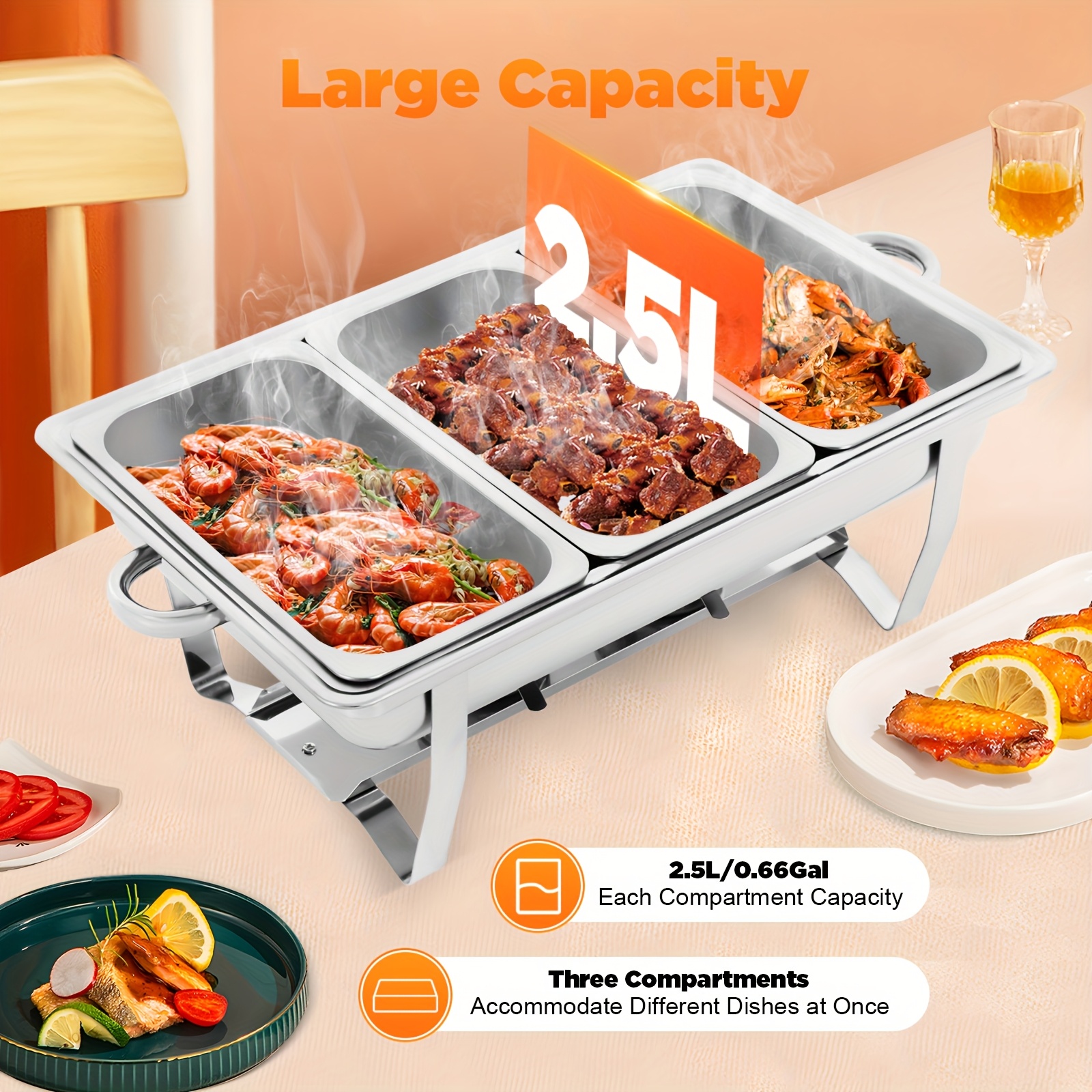 TEMU 9l 3pan Stainless Steel Chafing Dish Set Food Warmer For Buffet Banquet Catering Cooking, Cooking