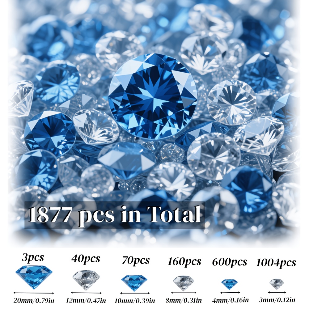 TEMU 1877pcs Blue Acrylic Diamonds And Gemstones, For Wedding, Christmas, Halloween Centerpiece Decoration - 20/12/10/8/4/3mm Diamonds, Vase Filler,
