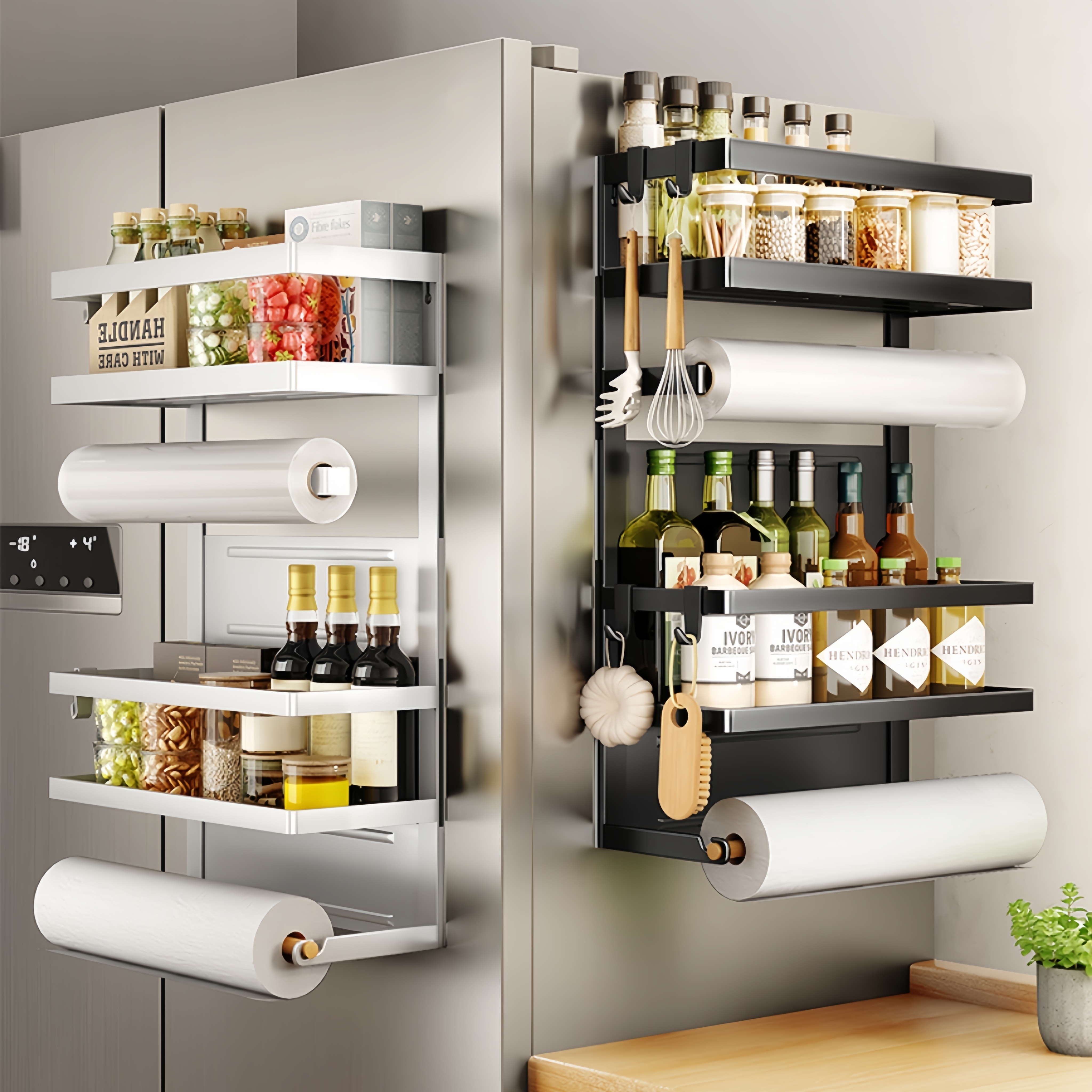 

Magnetic Spice Rack With Paper Towel Holder - 2-tier/3-tier Iron Hanging Shelf For Kitchen Storage, Multi-purpose Non-drilling Heavy-duty Organizer For Refrigerator & Washing Machine