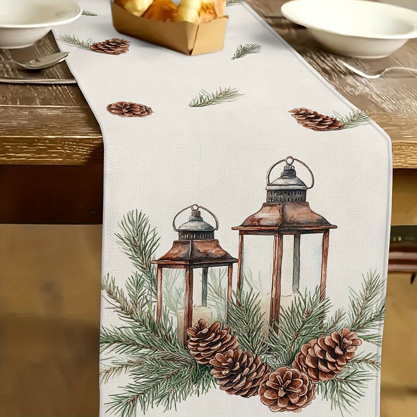 

Christmas Pine Cone And Lantern Table Runner - 100% Linen Knit Fabric Rectangular Decor, Vintage Lamp Design, Suitable For Indoor And Outdoor Decoration