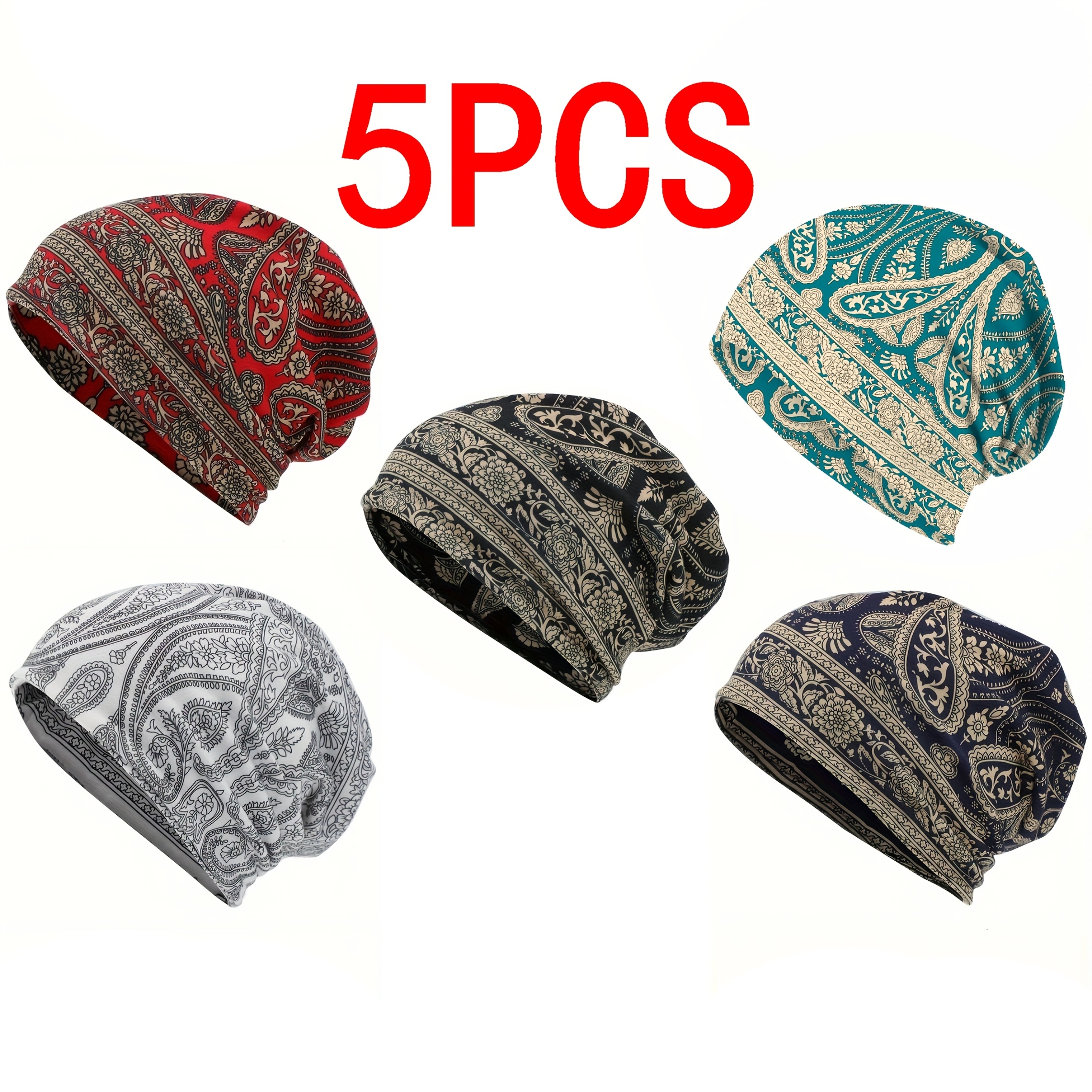 TEMU 1/5pcs, Classic Paisley Print, Slouchy Beanie, Bohemian Stretchy Vintage, Unisex Neck, Soft Beanie With Ties, Chemotherapy For Men And Women