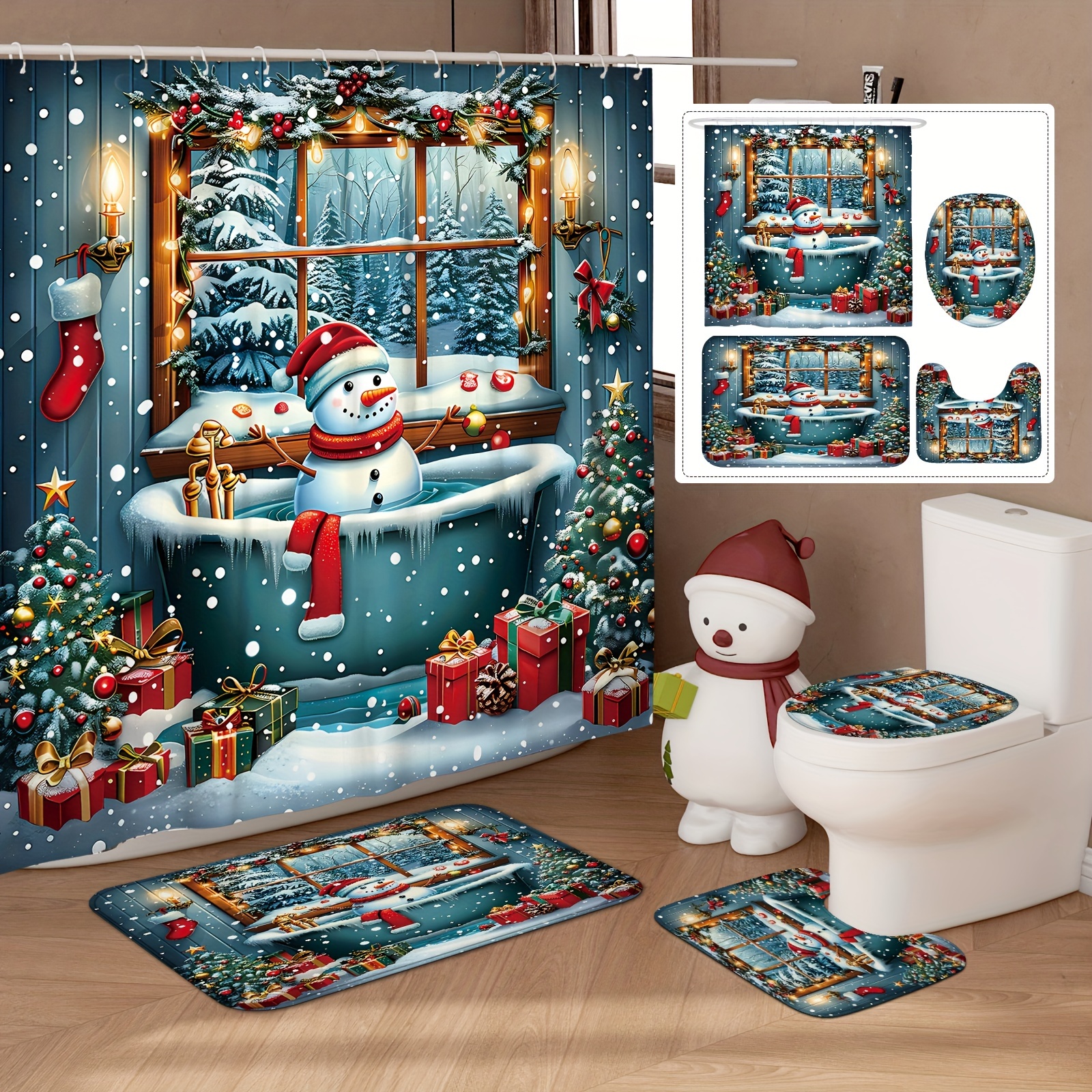 

Snowman Christmas Shower Curtain Set - 1/4pcs With Non-slip Bath Mat, U-shaped Toilet Lid Cover, And Towel Rug - Waterproof Polyester, Machine Washable, Includes 12 Hooks - Decor