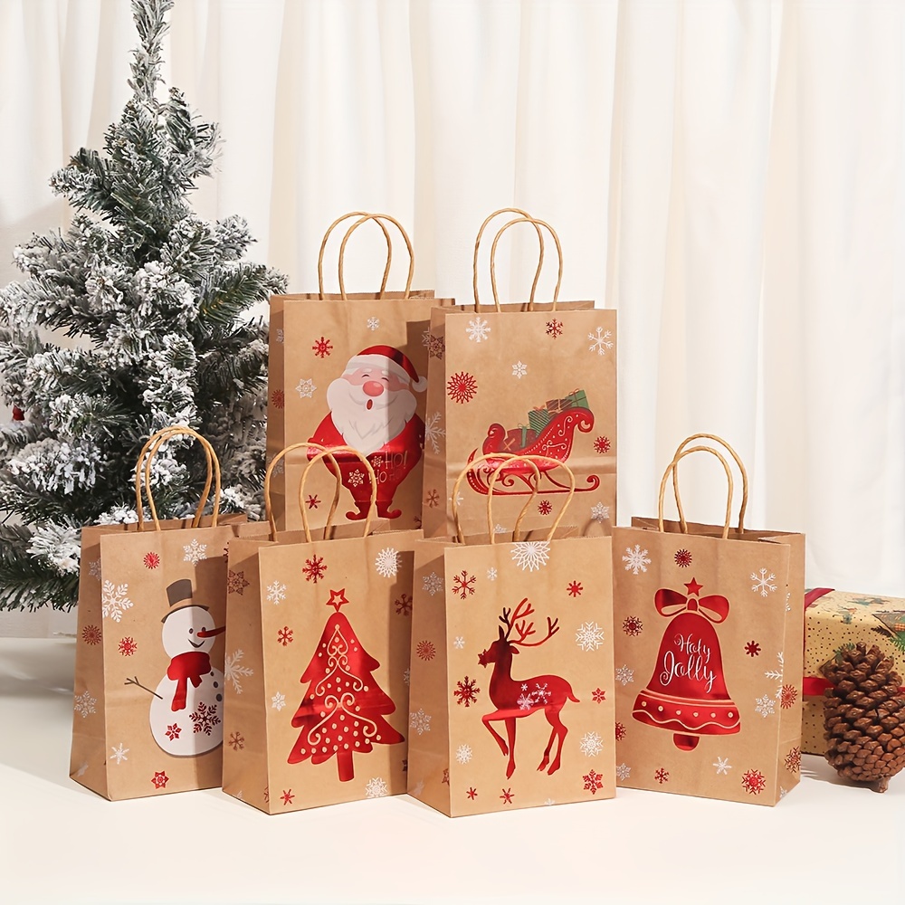 6pcs Large Christmas Gift Bags Extra Long cm Brown  Paper Bags with Sturdy Handles, Santa, Reindeer, Snowman Heavy-Duty 