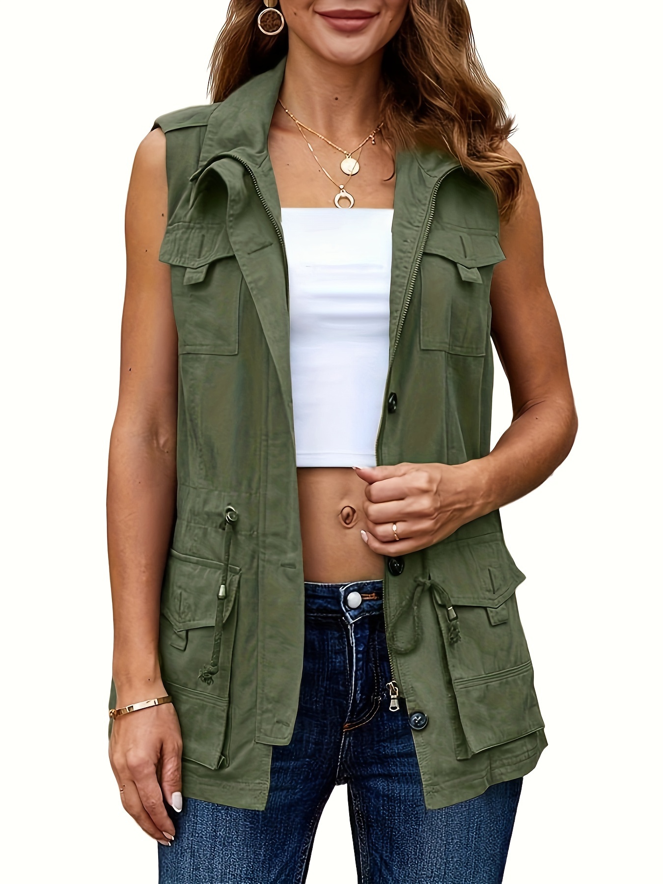 Women's Olive Green Military Jacket Sleeveless Utility vest with Front  Pockets, Non-Stretch Fabric for Everyday Formal Outfits Layering  Piece,