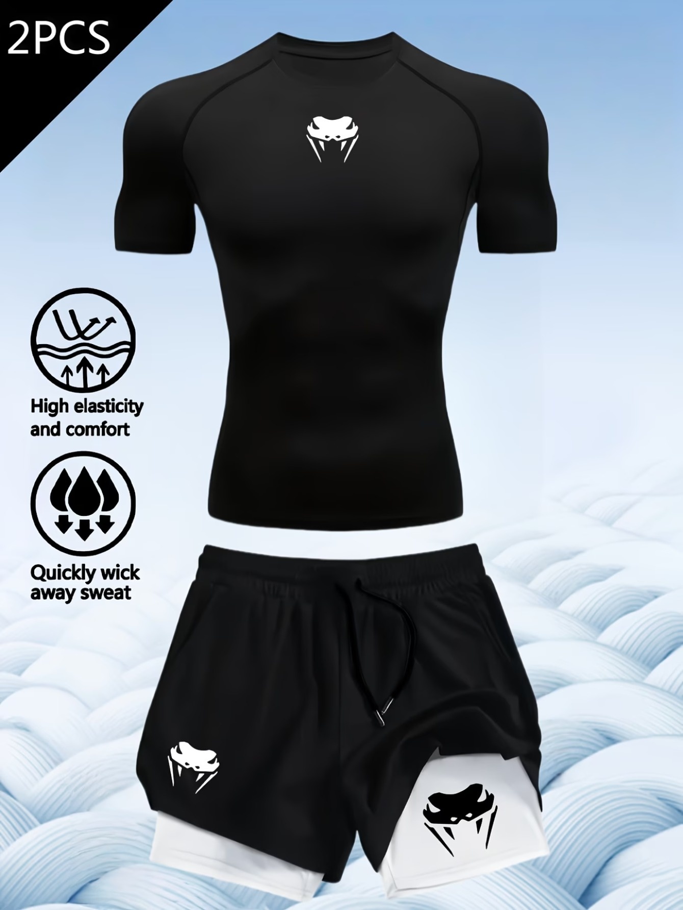 mens 2pcs sport t shirt and shorts set printed design breathable quick dry polyester knit fabric crew neck short sleeves   fit with pockets medium stretch