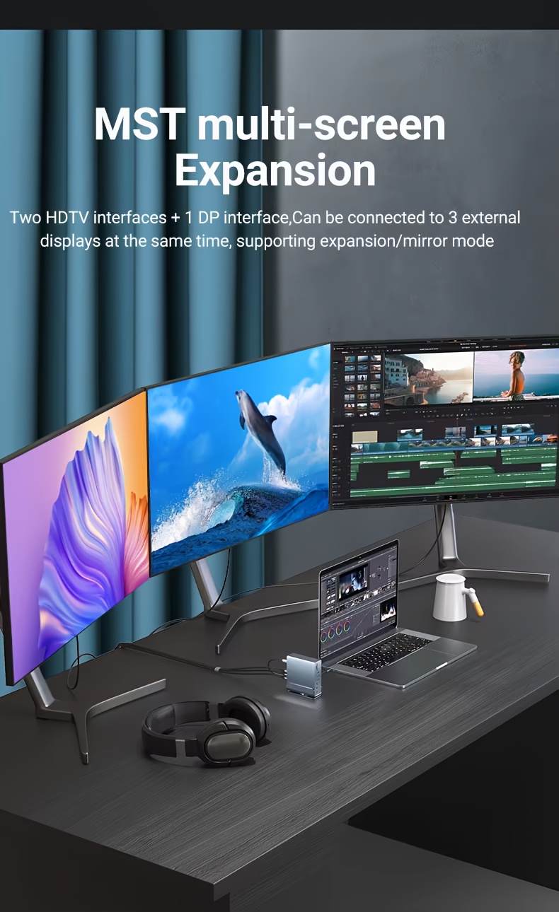 Triple Display Video Docking Station 15-in-1, MST Port, HD 4K 60Hz, DP 3-Screen Extension, USB 3.2 10G, USB C 15-in-1 Hub, SD, TF, Audio, Gigabit Ethernet