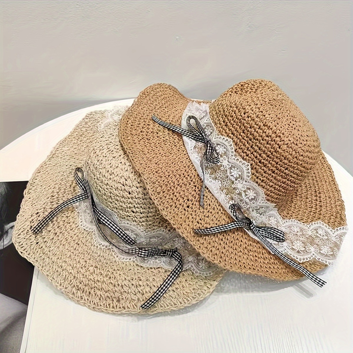 Foldable Breathable Uv Protection Straw Sun Hat Lace Ribbon - Temu