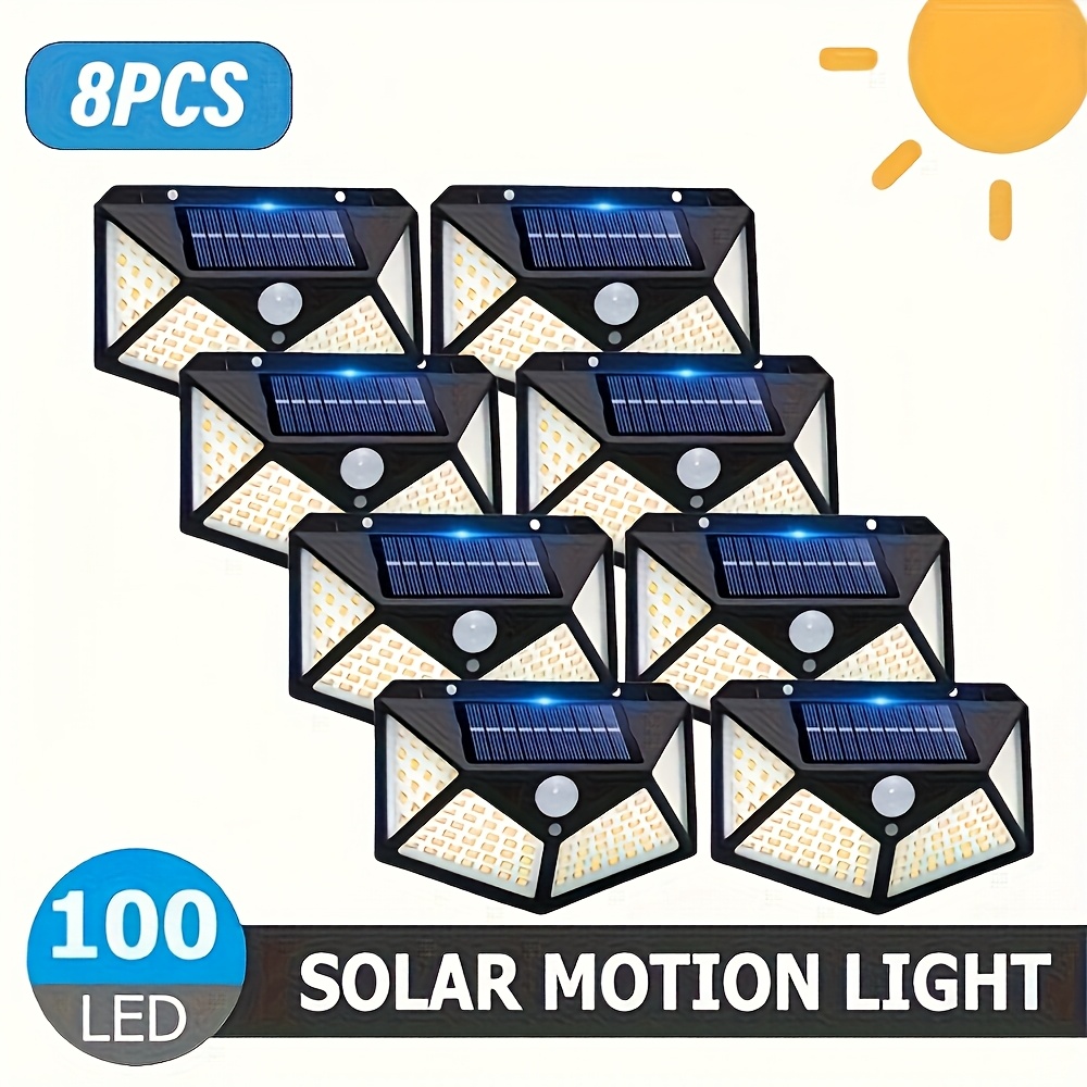 TEMU 8 peças de Iluminação Comercial para Ruas e Áreas, 100 Luzes Solares LED com Sensor de Movimento - Aplique Parede IP44, Controle por Toque, Instalação Fácil ao Ar Livre Sem Necessidade de Cabos,