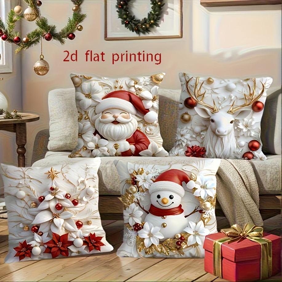 TEMU 2D Plat - Un ensemble de 4 housses de coussin de Noël avec impression plate de style moderne, décorées de en velours de Père Noël, de , de