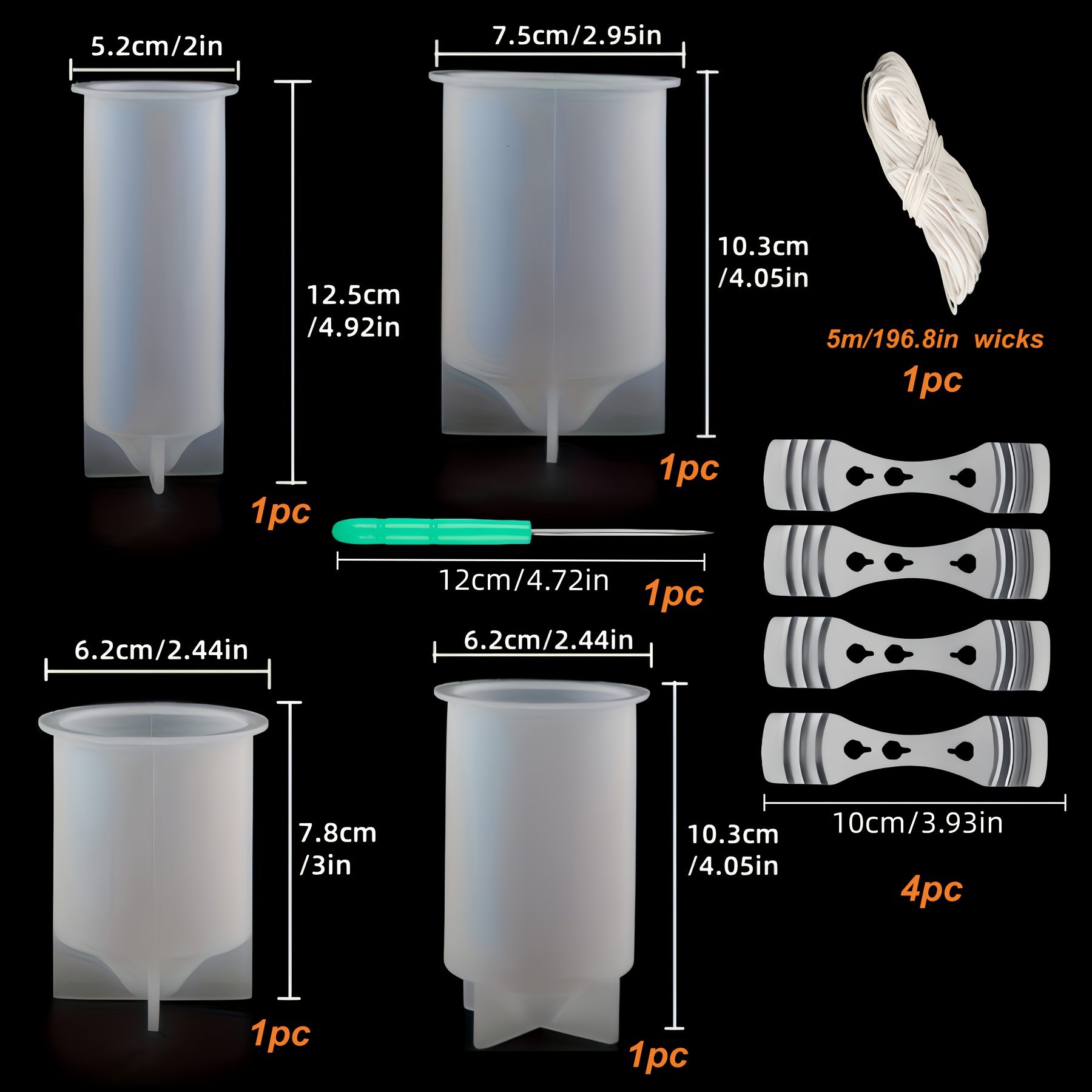 TEMU Set di stampi per candele a da 10 pezzi, 4 stampi in silicone e 5 stoppini da 5M e 4 supporti e 1 , stampi cilindrici in silicone per candele,