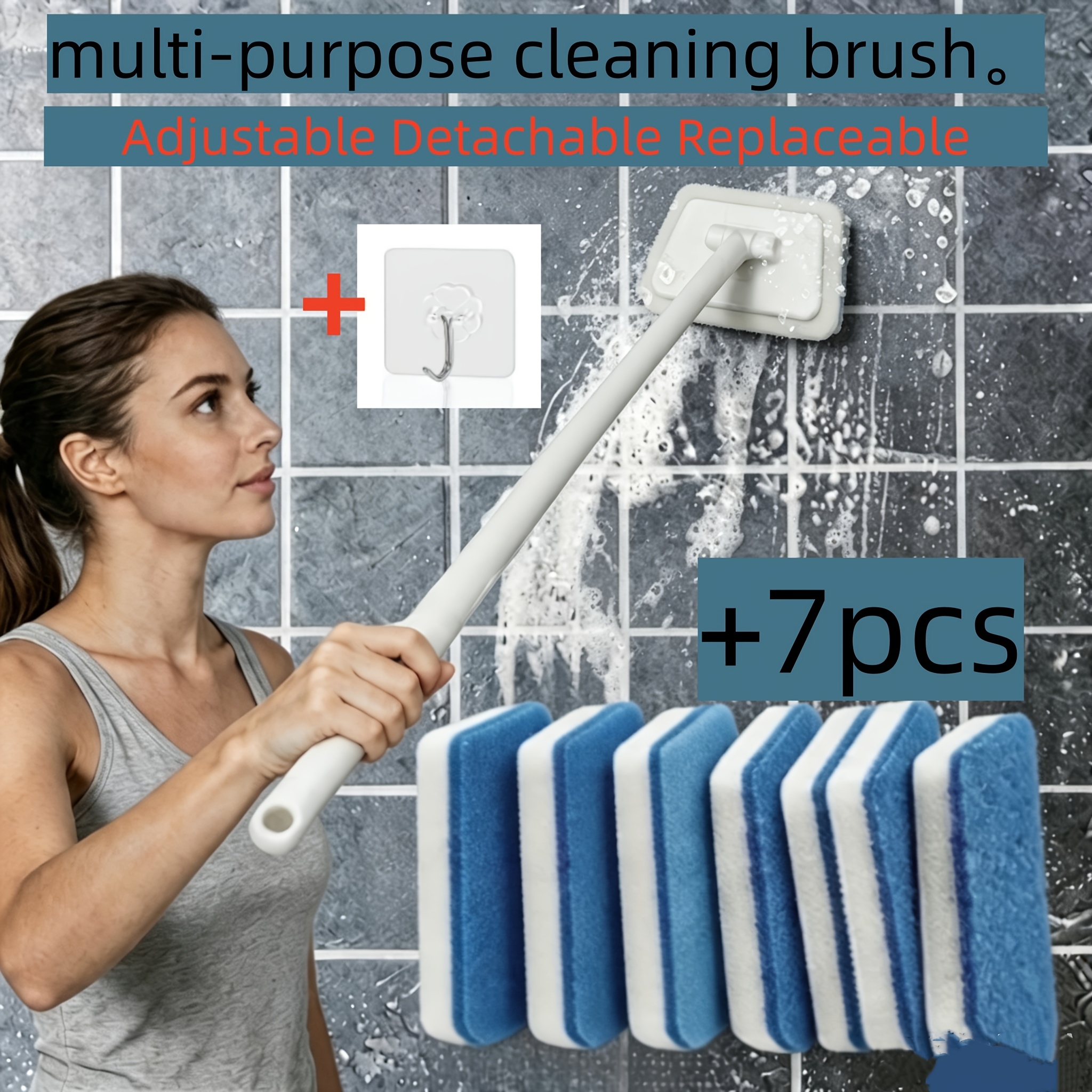 TEMU 9pcs Adjustable Long Handle Cleaning Brush Set, Including 1pc Handle And 7pcs Interchangeable Brush Heads And 1pc Hook, Powerful Stain Removal