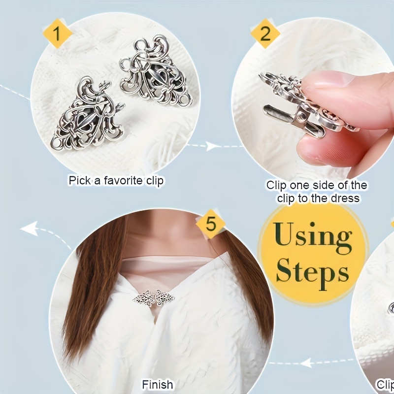 vintage silvery sweater clips set 1 4 pieces anti   cardigan collar clips decorative cinch for scarves shawls and dress shirts secure stylish clothing accessory Product details 3