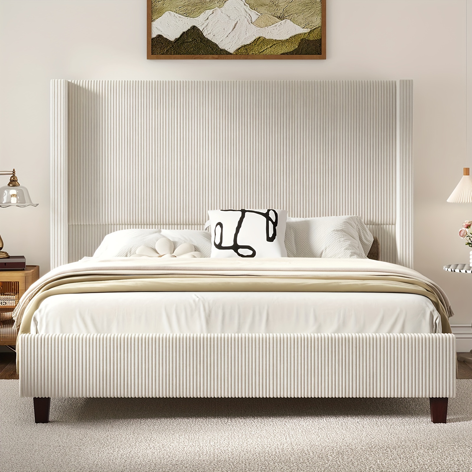 

Queen Size Bed Frame, 61" Corduroy Upholstered Bed Frame, Platform Bed With Vertical Stripe Wingback Headboard, No Box Spring Needed/solid Wood Slats & Legs Cream