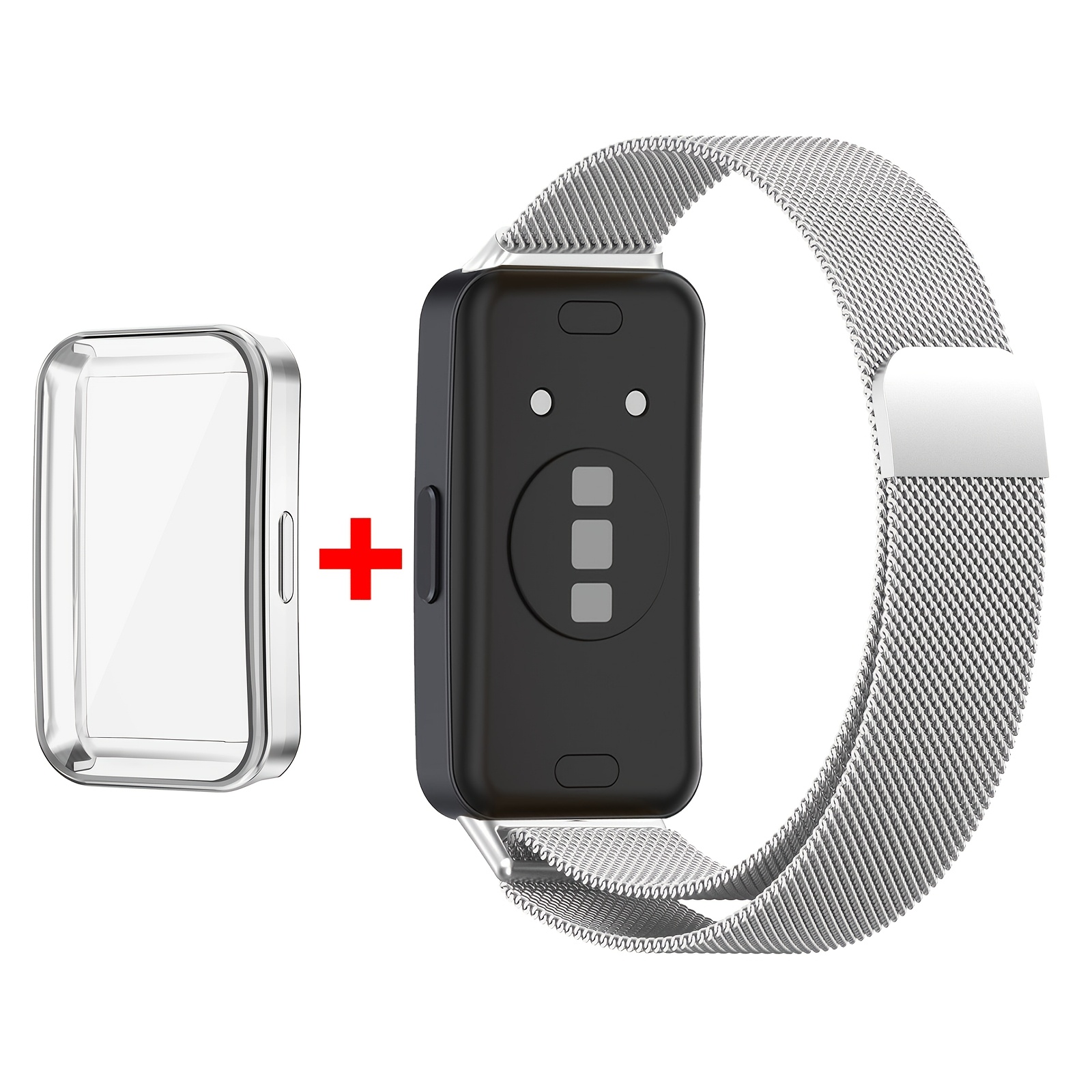 TEMU 2pack Set: 1 Stainless - Steel Milanese Watch Strap And 1 Tpu Material All - Inclusive Screen Protector Soft Shell, Compatible With Huawei Band