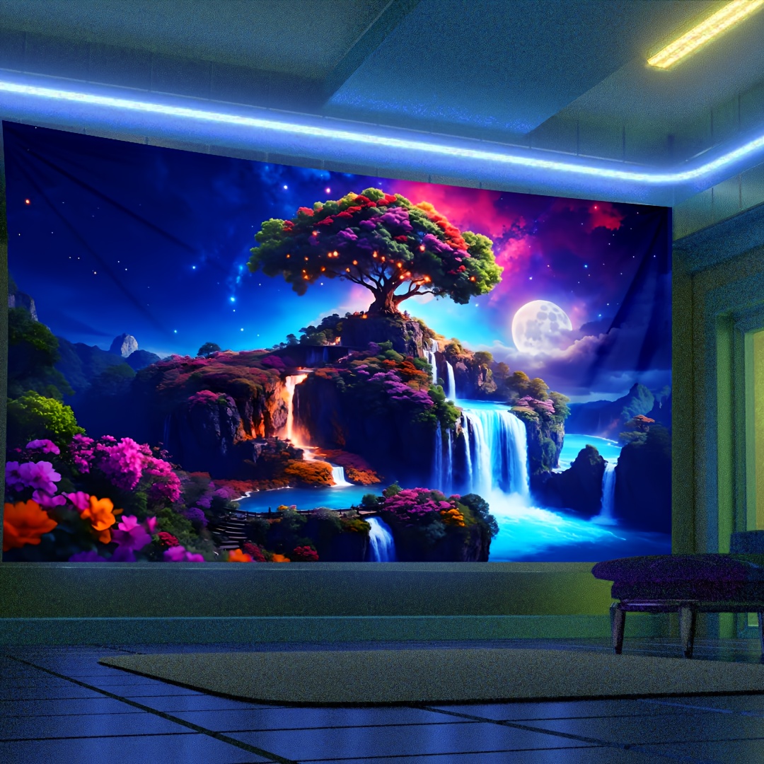 Image of 1pc Waterfall Moon Uv Black Light Tapestry, Large Size Fluorescent Tapestry, Bedroom Aesthetic Hanging Tapestry For Bedroom Office Living Room Home Decor, With Free Accessories