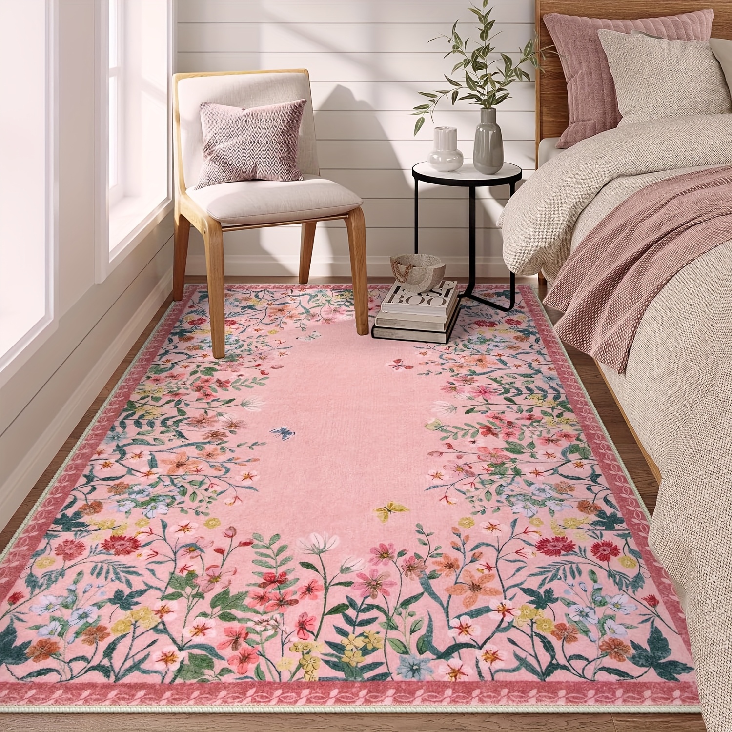 Washable Rug Living Room Floral Print Large Bedroom Area Rug