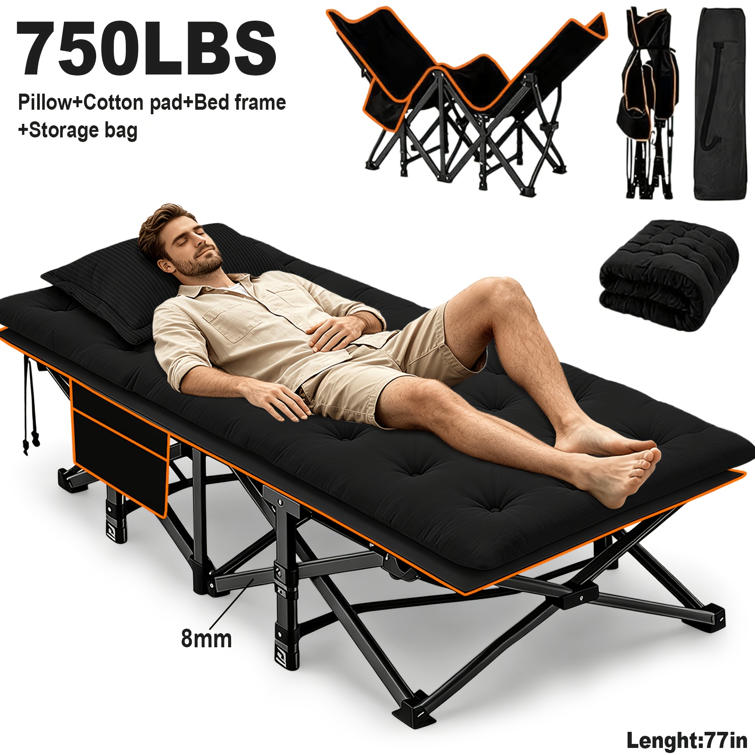 TEMU 59/73/75/77in Heavy-duty Large Size Folding Bed Optional Mattress With Multi-leg Design Support, Capacity Of 100/550/650/750 Lbs, Portable