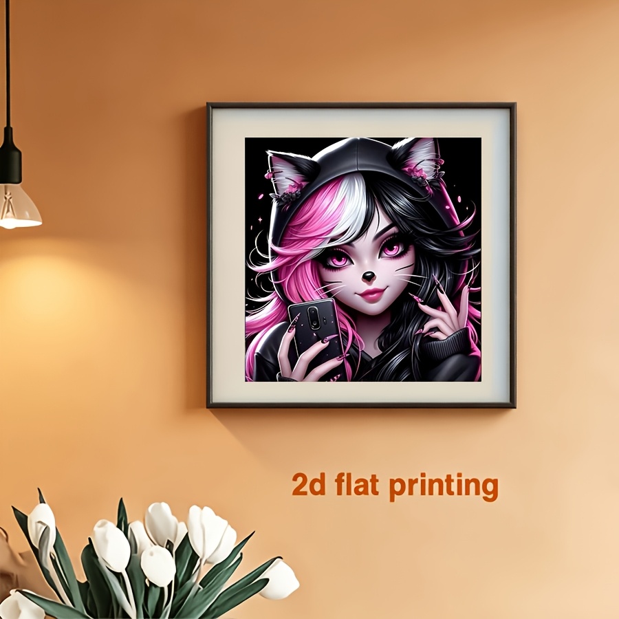 Image of A 5d Cube Round Diamond Diamond Painting Featuring A Cat Girl. This Handcrafted Is Perfect For Beginners And Craft Enthusiasts, Serving As A Decorative Piece For Living Rooms, Bedrooms, Studies