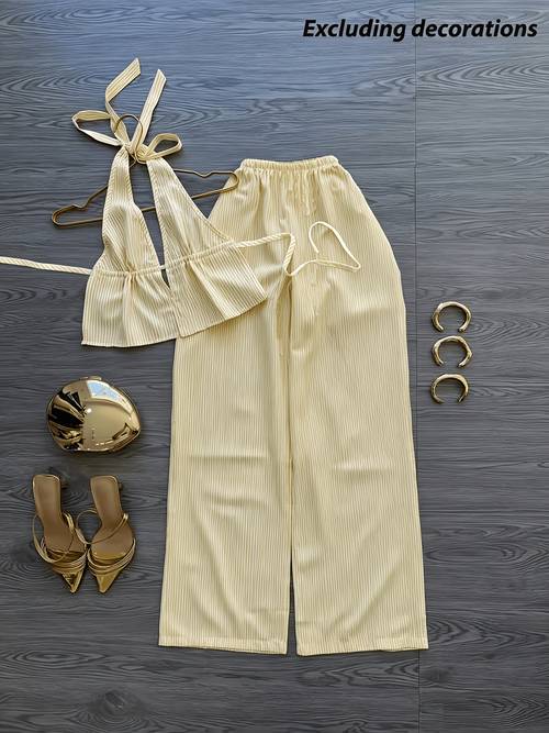 conjunto de 2 piezas para mujer: top casual elegante de rayas con cuello de tirantes halter, espalda y cintura con cordón, y pantalones largos casuales, para vacaciones en , fiestas, viajes y té de