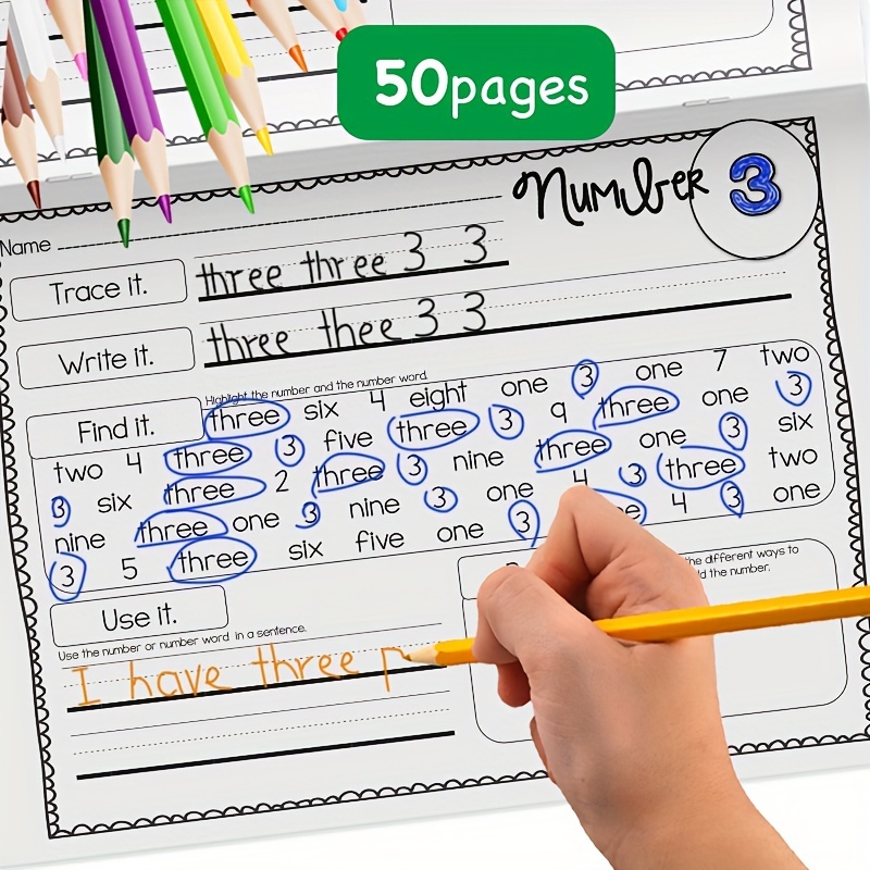 

1pc Kids Number Tracing Book 1-50 - Handwriting Practice Workbook For Ages 3-8, Preschoolers & Kindergarteners - Learn To Write Numbers With Daily Math Exercises