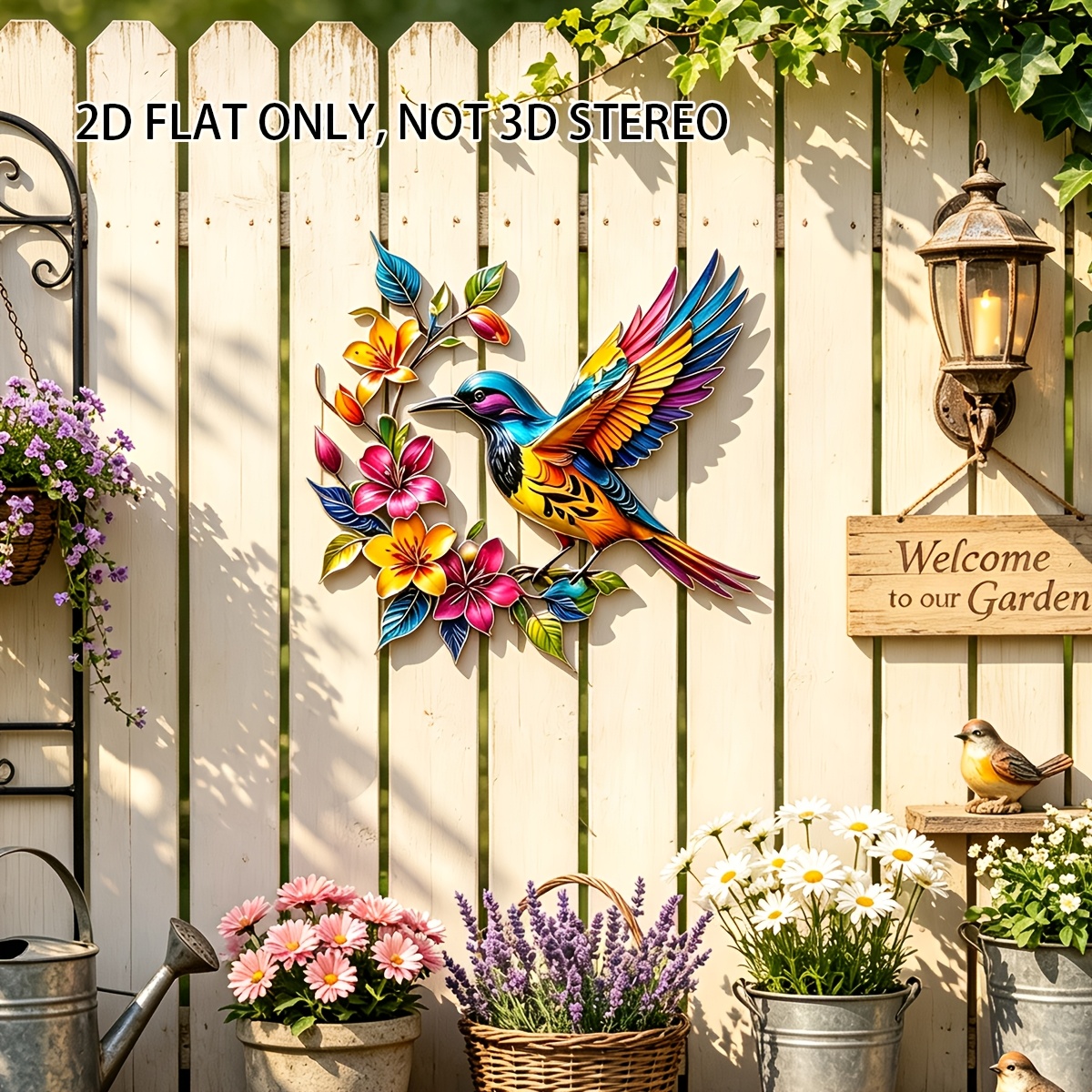 TEMU 2d Flat - 【2d Flat】 1pc 2d Flat Metal Hummingbird Flower Wall Decor, Thin Metal Cutout Wall Art, Non- Farmhouse Garden Hanging Ornament Gift