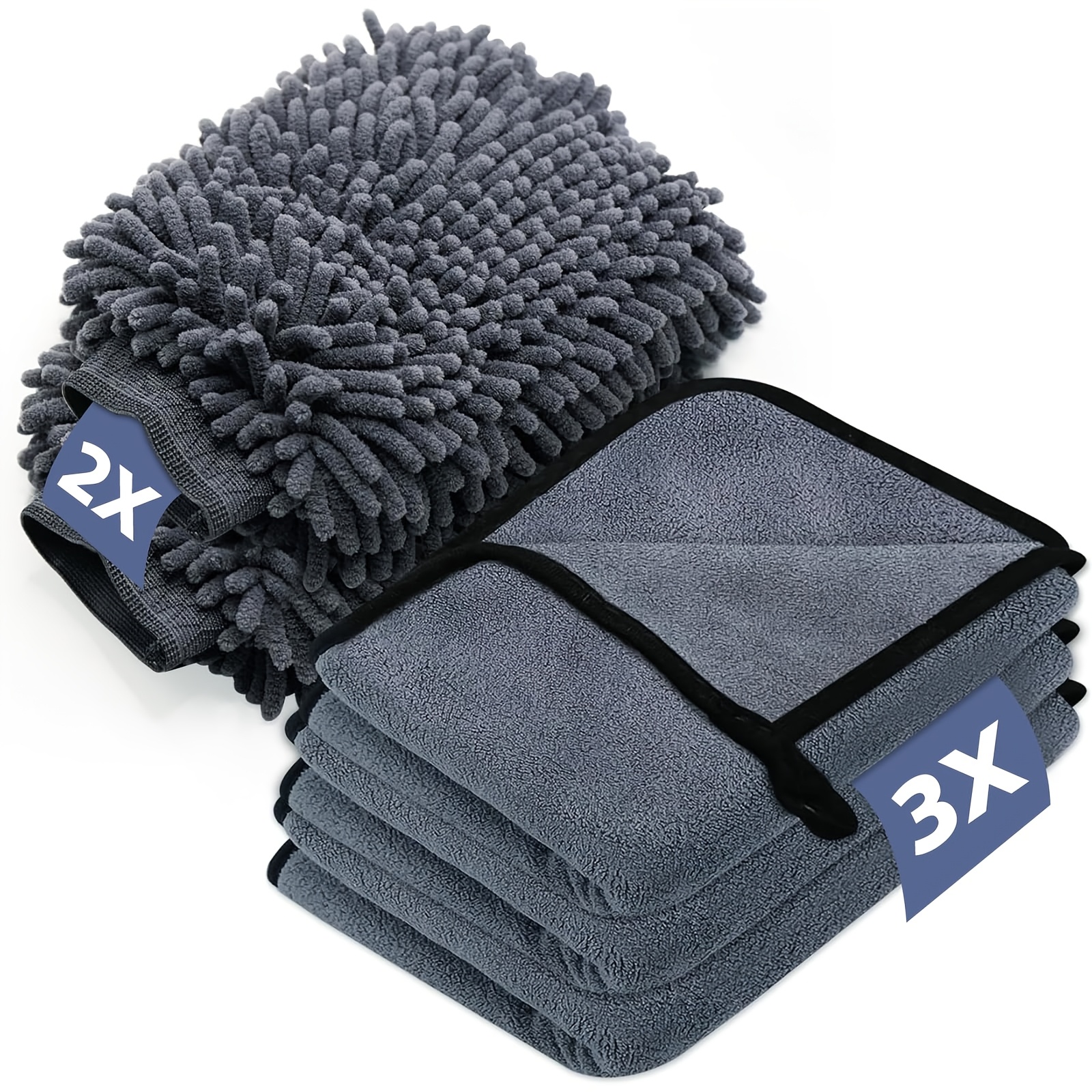 Image of Cleaning Cloth, 5pcs Cleaning Set, Including 3 Microfiber Car Wash Cloths And 2 Microfiber Car Wash Mitts, 600gsm Super Absorbent Car Drying Cloth, For Scratch-free Drying And Polishing, Size 40x30cm