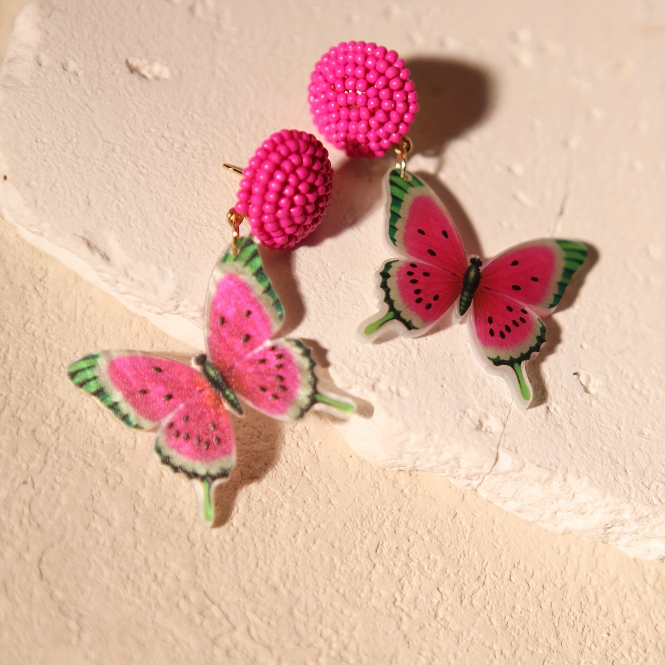 Women's Creative Rose-Red Butterfly Seed Bead Dangle Earrings