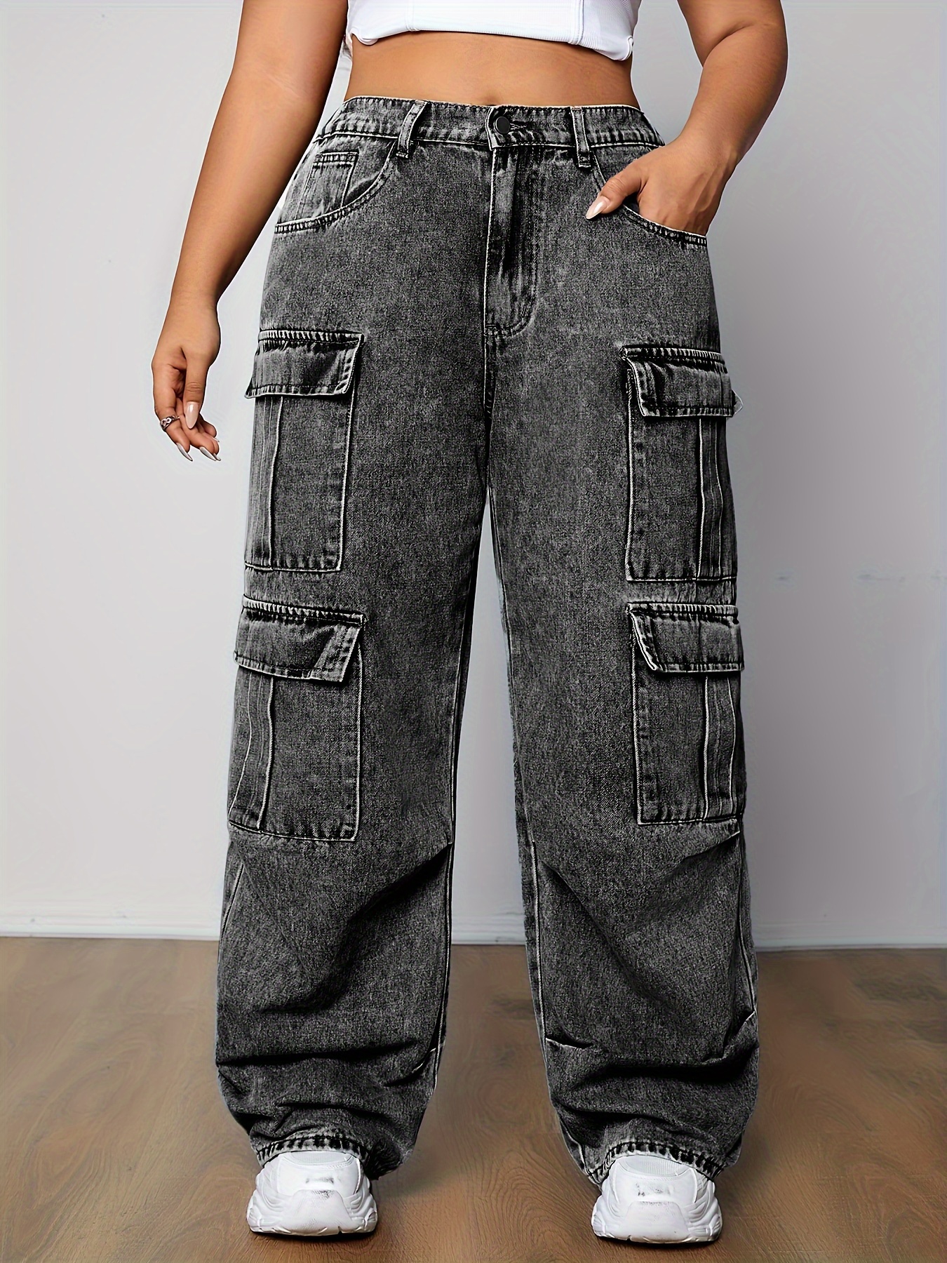 Women'S Plus Size High-* Jeans with Multiple Pockets Casual Straight-Leg  Wide-Leg Jeans, Non-Stretch Fabric, Zipper Fly
