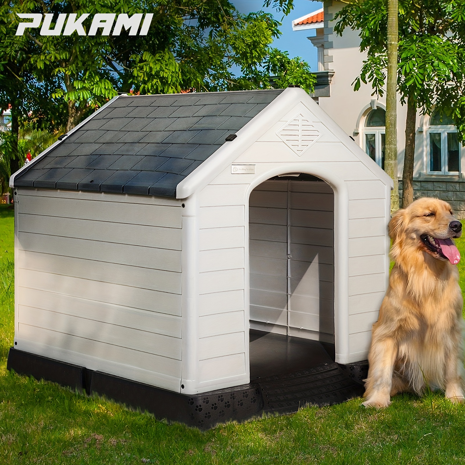 

Pukami Plastic Dog House Outdoor Indoor, Dog House For Small Medium Large Dogs, Waterproof Dog Houses With Elevated Floor And Air Vents, & Easy Clean And