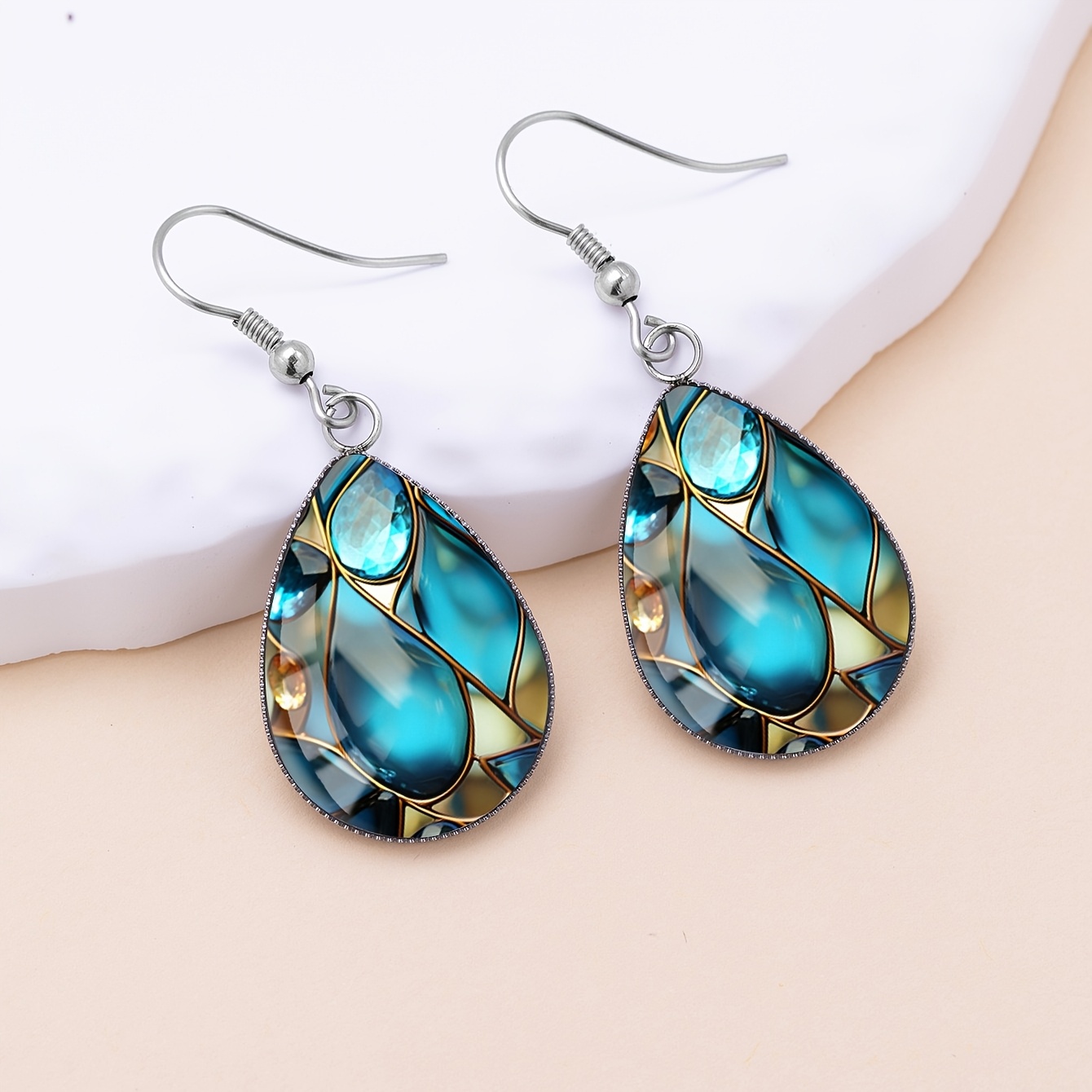 Women's Blue & Golden Glazed Gemstone Pattern Drop Earrings, Vintage Style