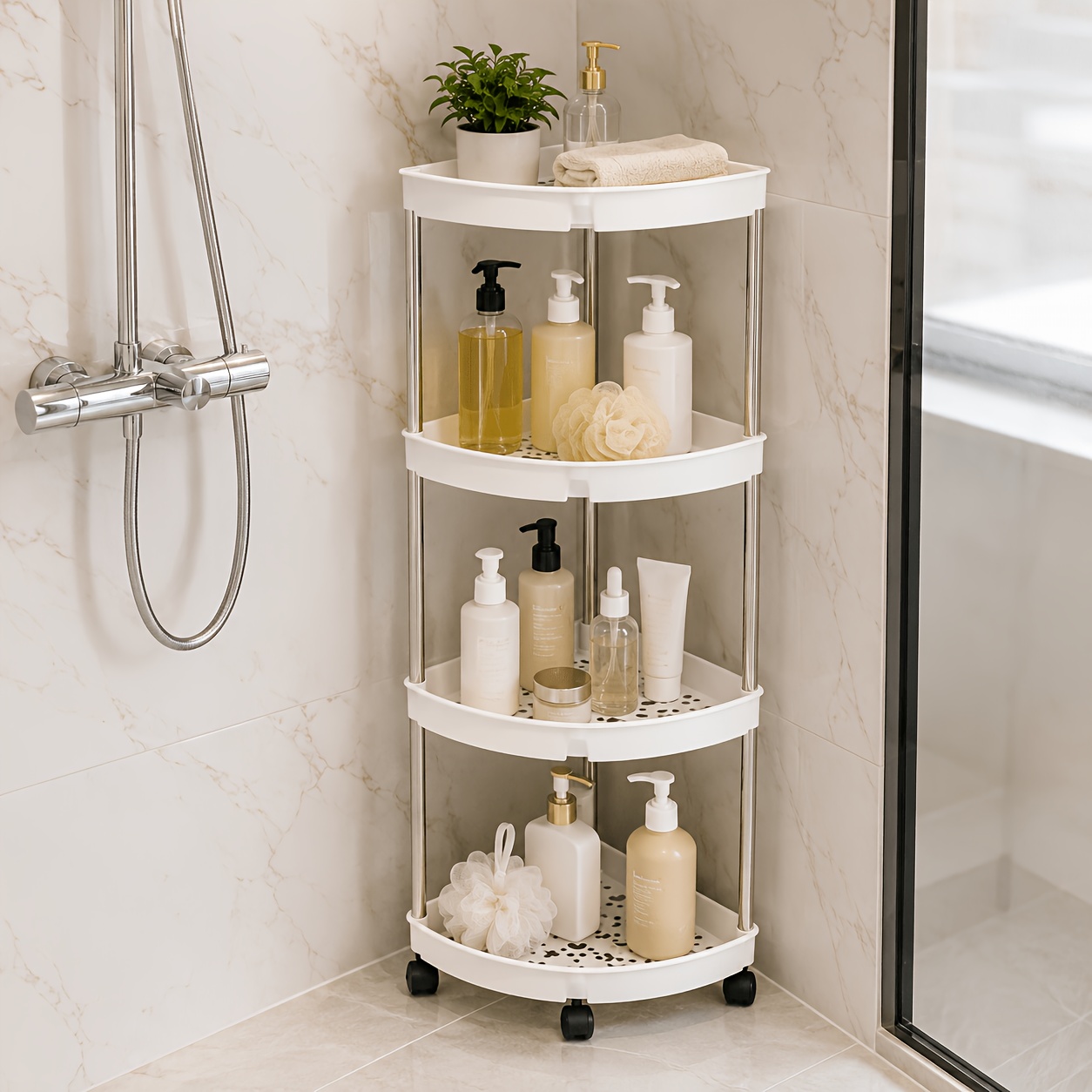 TEMU 1pc Space-saving 4-tier Triangular Corner Storage Rack, Pp Plastic And Stainless Steel Material Storage Cart, White Wheeled Mobile Shelf, Black