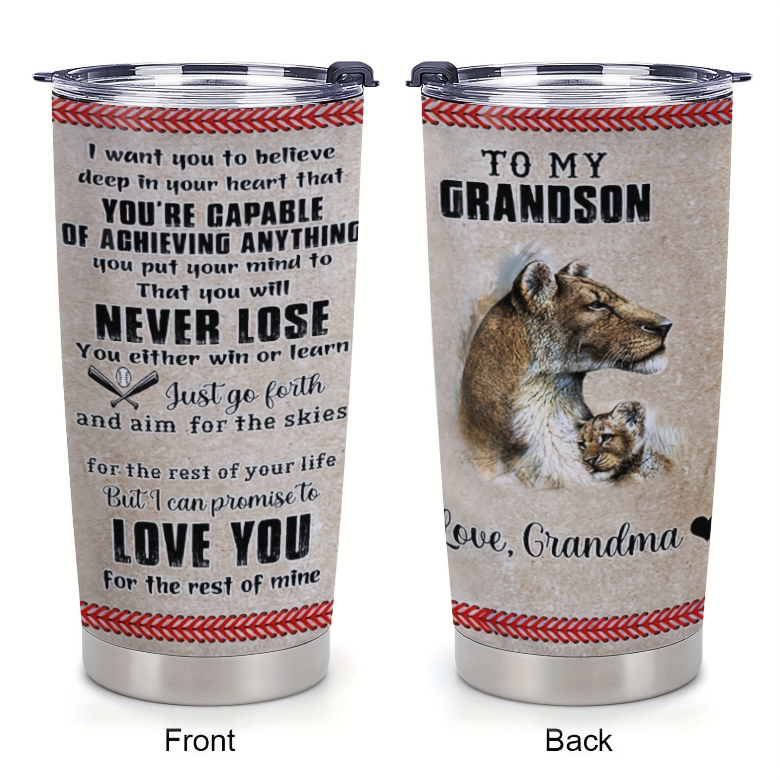 

1pc 20oz Stainless Steel Double Layer Insulated Coffee Cup With Lid, Gift For Grandson, Baseball, Lion, Never Lose, Love You