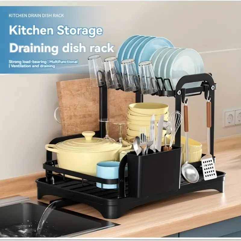 Support your kitchen with a spacious 2-tier dish drying rack, complete with a double dish rack, cup holder, cutting board, and black utensil organizer. Perfect for keeping your above sink kitchen countertop organized and efficient. détails 1