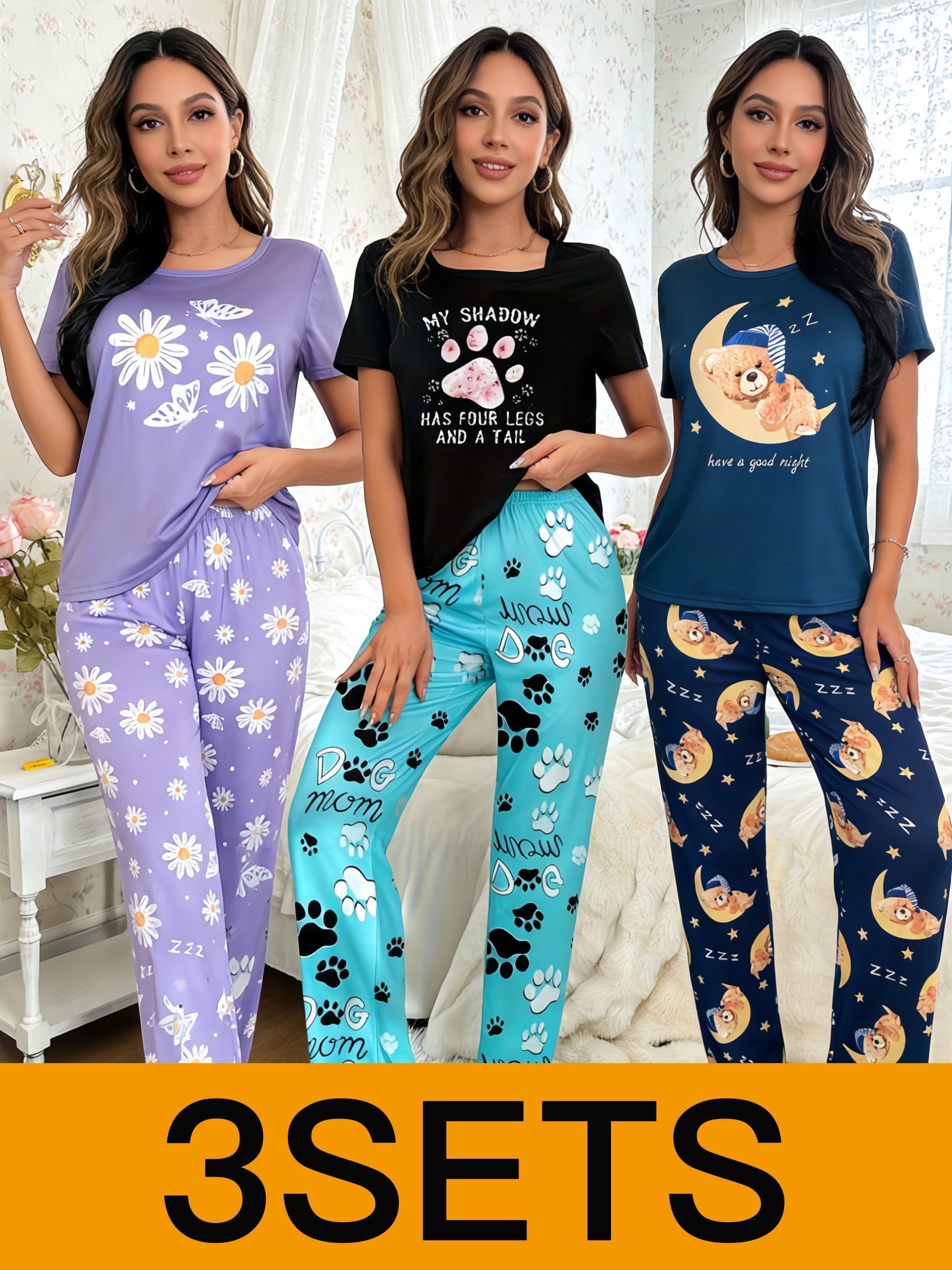 3 Sets Women'S Pajamas Set Short Sleeve Top & Long Pants Soft Sleepwear Loungewear with Daisy, Dog Paw Print, Teddy Bear Prints for Nightwear