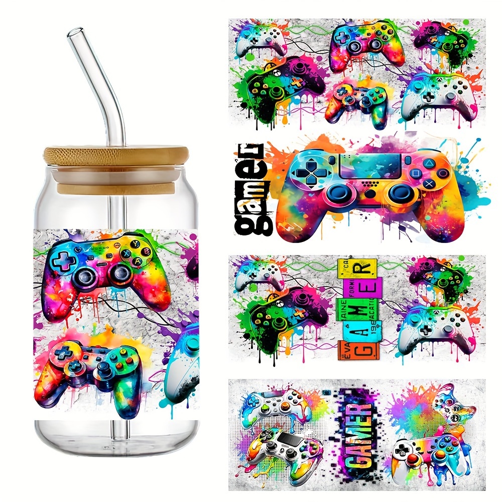 

4-pack Gamer Uv Dtf Transfer Stickers - Waterproof & Uv Resistant, Premium Neon Game Controller Decals For 16oz Cups, Diy Personalization (4.3"x9.4")